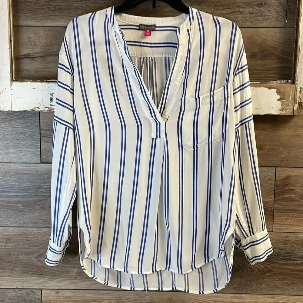 VINCE CAMUTO White Blue Stripe Blouse Women’s Large Collared Flowy Shirt Top